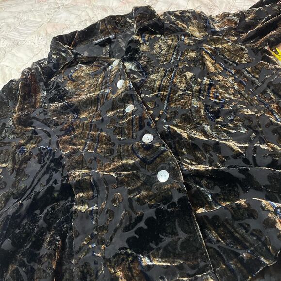 robert louis 90s black blue and tan silk and velvet colorshift button up medium - Picture 6 of 7